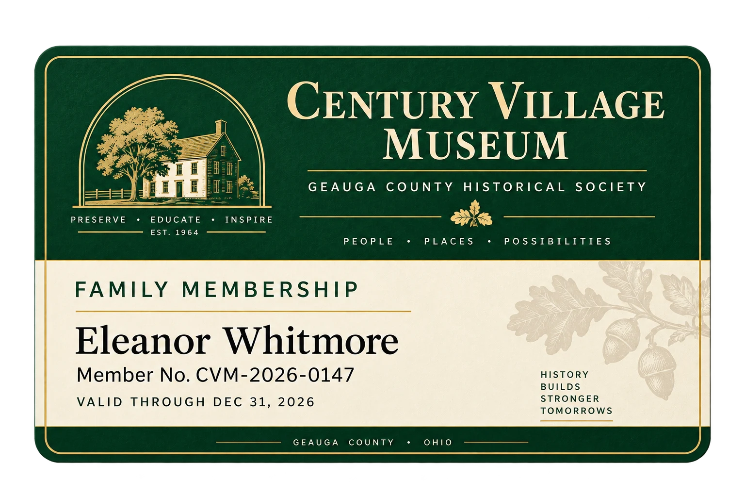 Century Village Museum Family Membership card, Geauga County Historical Society.