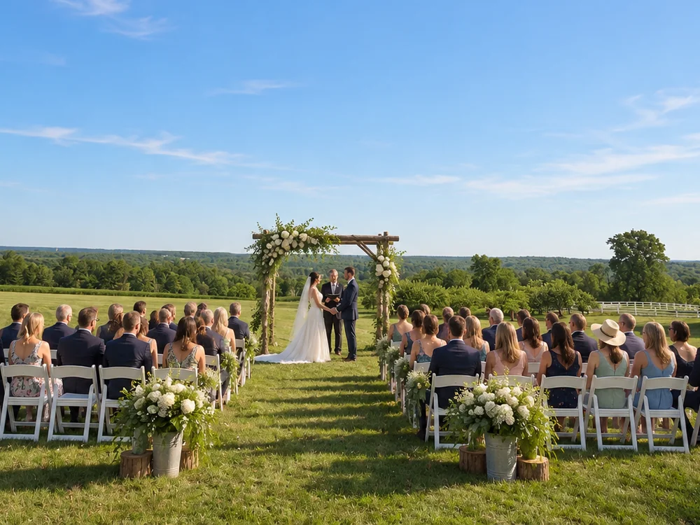 An outdoor wedding ceremony on the village green, with guests seated in white chairs facing a flower-covered arbor.